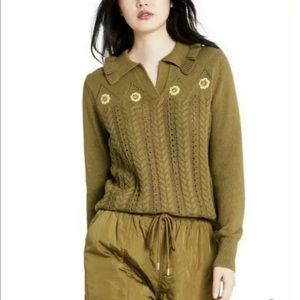 Sandy Liang x Target Olive Green Floral Embroidered Collared Pullover Sweater S